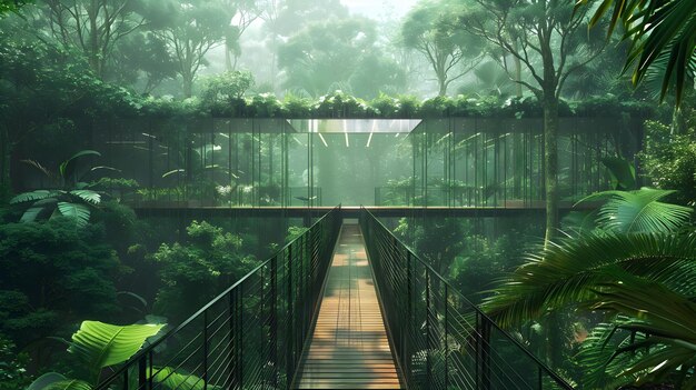 Photo suspended rainforest canopy hotel with exotic birds and walkways