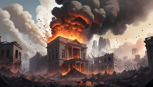 a suspenseful scene of emerging from the smoke filled ruins with fiery debris falling from the sky