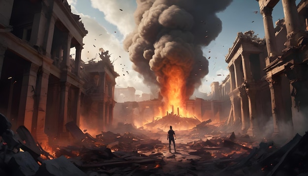 a suspenseful scene of emerging from the smoke filled ruins with fiery debris falling from the sky