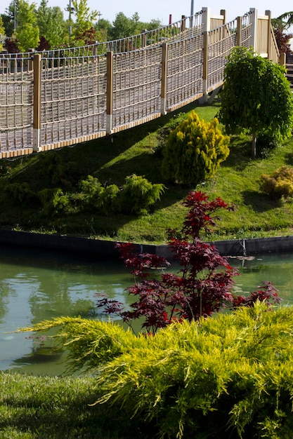 Suspension bridge and formal garden over the pond