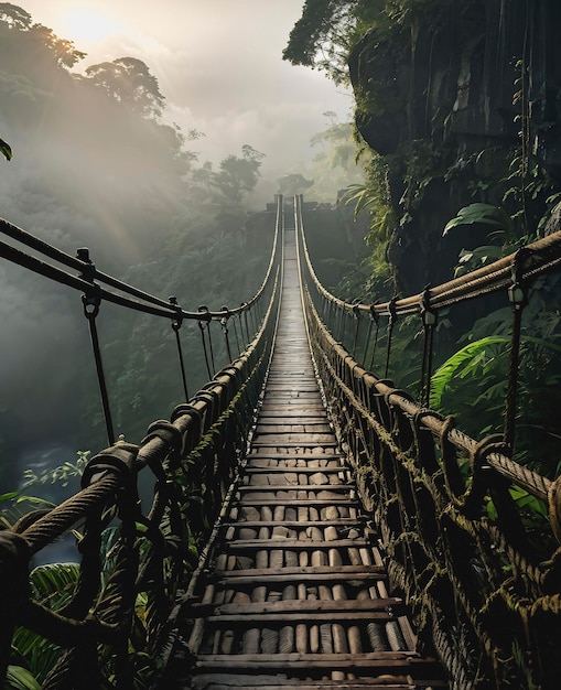 A suspension bridge with a rope bridge in the background