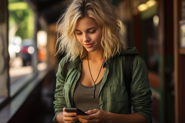 Suspicious suspicious young suspicion blonde in green top standing next to generative IA