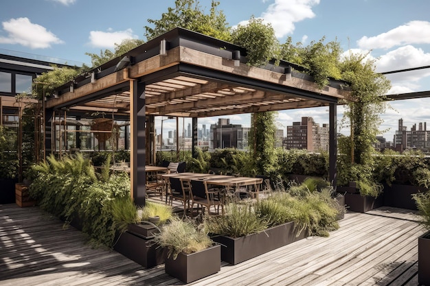 Sustainability And Conservation Rooftop Garden With Pergola And Outdoor Dining Area Generative AI