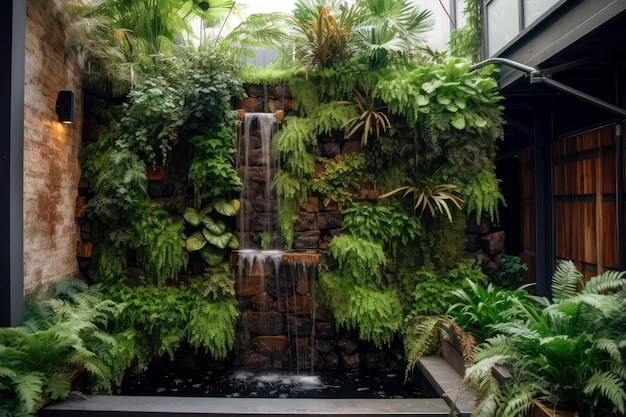 Sustainability And Conservation Vertical Garden With Flowing Water Feature Generative AI