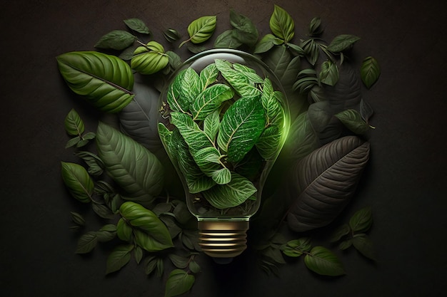 A sustainable approach to lighting featuring a topview of a unique lightbulb made from fresh leaves promoting environmental awareness