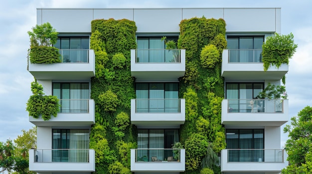 Sustainable building design featuring balconies with lush greenery blending nature with urban livin