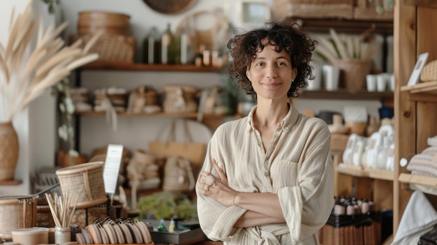 A sustainable business owner showcasing ecofriendly products in a store