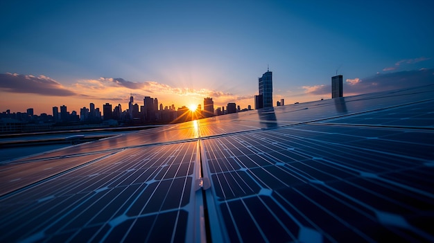 Sustainable Cityscape Sunlight Dances on Rooftop Solar Panels