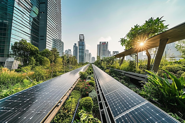 Photo sustainable cityscape with solar panels and green roofs