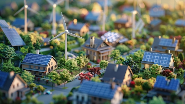 Photo sustainable community with solar panels and wind turbines in a vibrant neighborhood