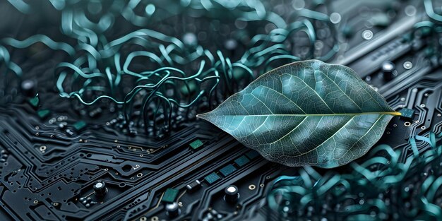 Photo sustainable concept digital circuit board with green leafshaped chips concept sustainable technology digital circuit board green leafshaped chips ecofriendly innovation