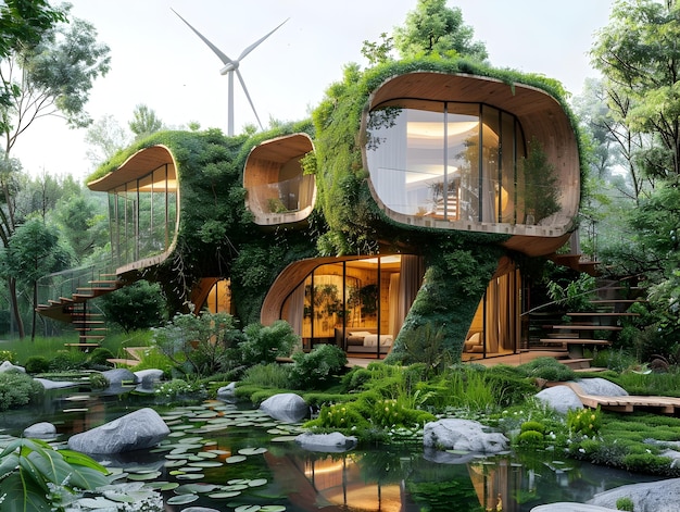 Photo sustainable eco friendly cottage with wind turbines in natural wood and green setting