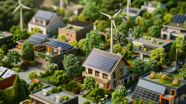 Sustainable EcoFriendly Community with Solar Panels and Wind Turbines for Renewable Energy