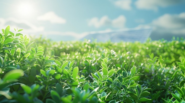 Sustainable Energy Innovation Field of Green Plants with Solar Panel Background Environmental