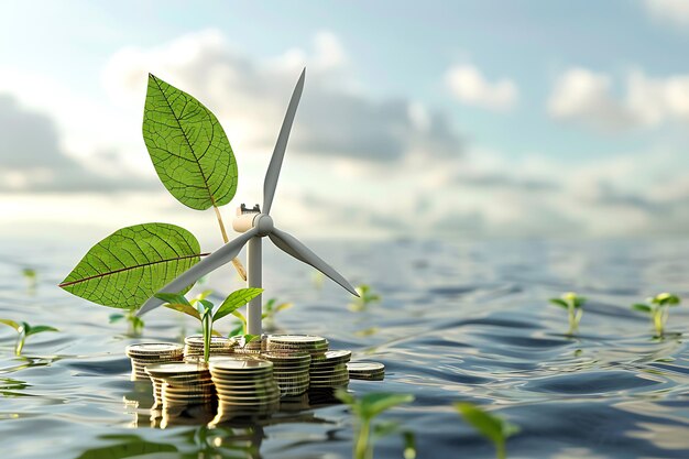 Photo sustainable energy investment wind turbine on coins in water