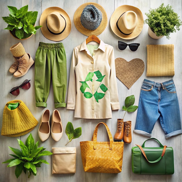 Photo sustainable fashion design flat lay of ecofriendly fashion outfits green tones sustainability