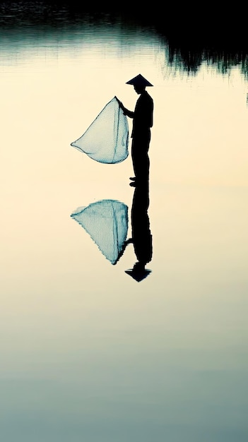 Sustainable fishing with a fisherman holding a net on a calm lake soft morning light