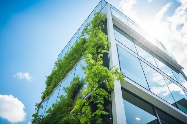 Photo sustainable glass office with wood creating green environment for corporate buildings