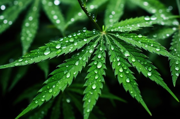 Sustainable hemp Cannabis plant thrives with minimal water due to raindrops on its leafs