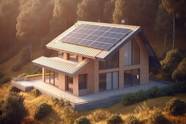 Sustainable home with solar panels on roof generative AI