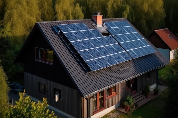 Sustainable home with solar panels on roof generative AI