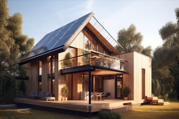 Sustainable home with solar panels on roof generative AI