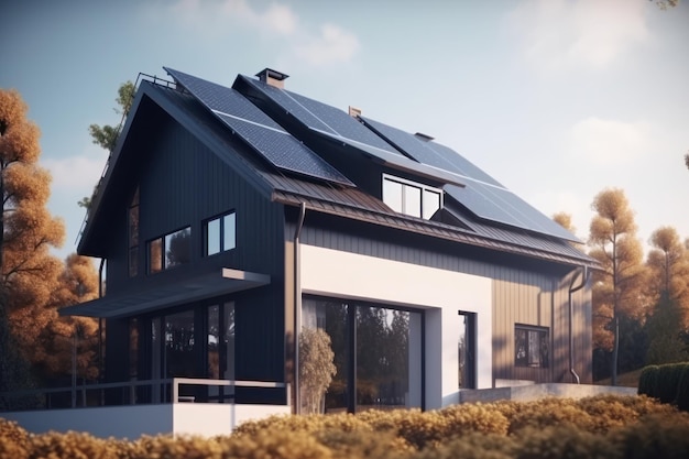 Sustainable home with solar panels on roof generative AI