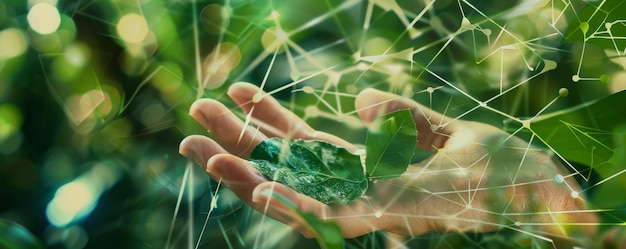 Photo sustainable living concept with hands holding green leaf and digital network