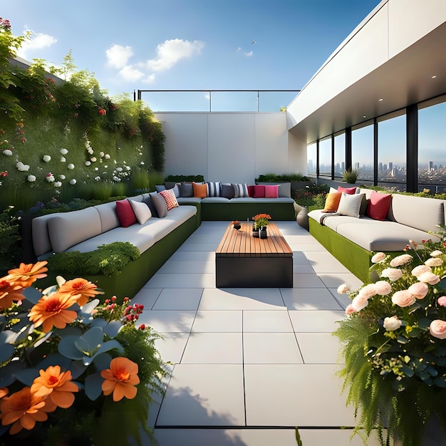 Photo sustainable living rooftop with incorporating green spaces and seating