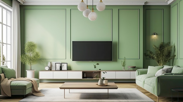 Sustainable living room in natural colors with green wall empty plasma tv modern furniture