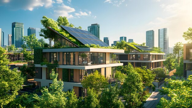 Photo sustainable modern apartment buildings with green roofs and solar panels in a city setting