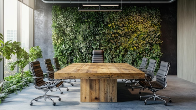 A sustainable office meeting table made of reclaimed wood with a backdrop of vertical