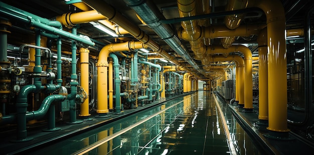 Sustainable production machinery set against a backdrop of verdant pipes