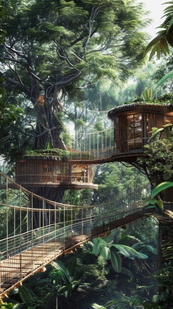 Photo a sustainable rainforest treehouse community connected by rope bridges surrounded by towering trees