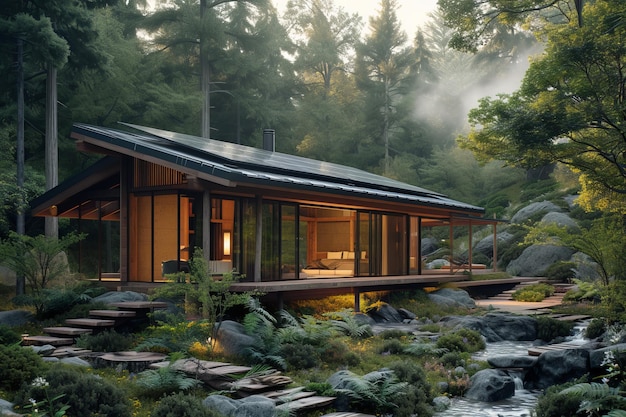 A sustainable retreat center nestled in a remote wilderness setting