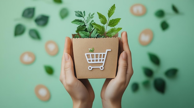 Photo sustainable shopping eco friendly cart icon on paper bag with green plants