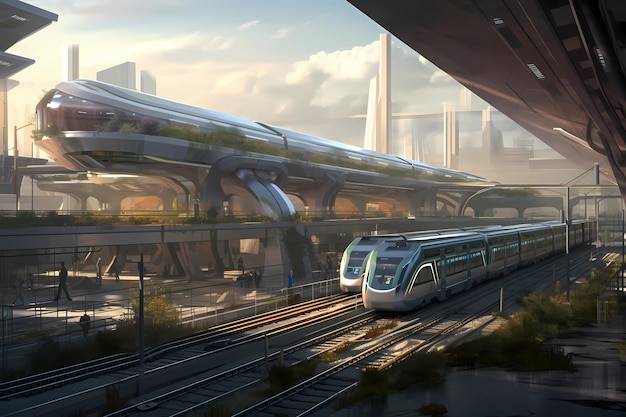 Sustainable transit hub with highspeed trains digital art illustration