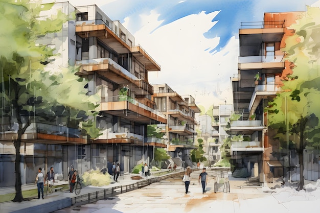 Sustainable urban design featuring ecofriendly elements watercolor