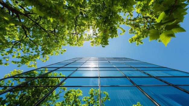 Sustainable Urban Oasis CloseUp of Modern Green Office Building Embracing EnergyEfficient Design with Optimistic Natural Light