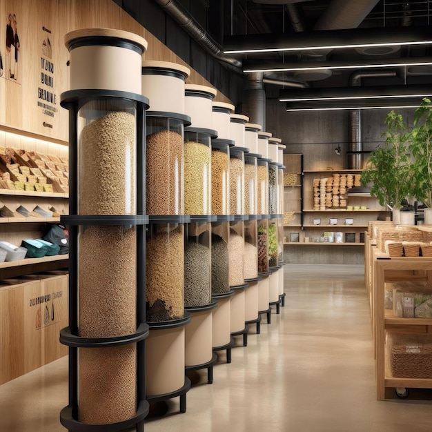 A sustainable and zerowaste grocery store with bulk bins and reusable packaging