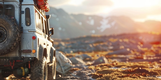 Photo suv car on a rocky road in the mountains at sunset