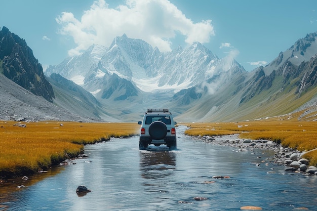 SUV crossing a river against a mountainous landscape