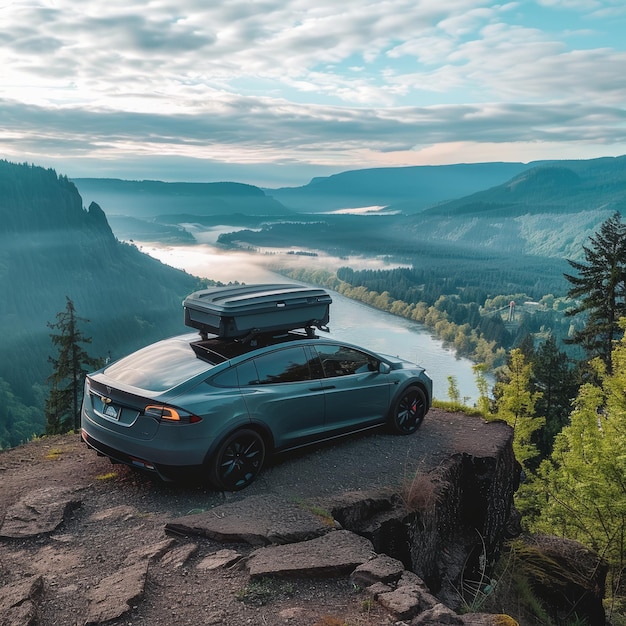 SUV parked on a cliff overlooking a river valley with fog