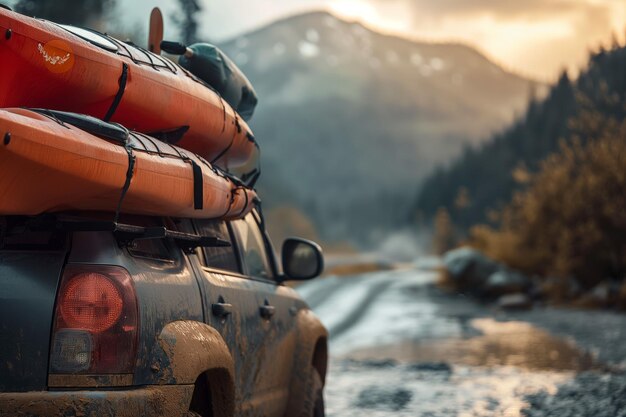 SUV transporting multiple kayaks on muddy road