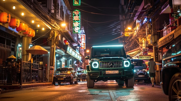 SUV on vibrant city street with lanterns at night