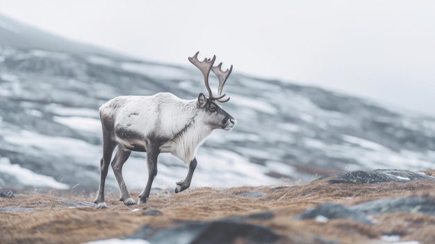 A Svalbard male reindeer with big antlers walking in winter tundra Generative Ai