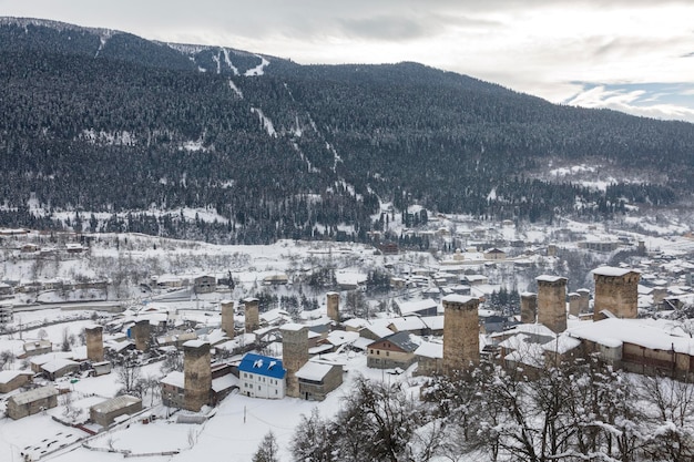 Svan Towers in the village of Mestia surrounded by the Caucasus Mountains Svaneti Georgia