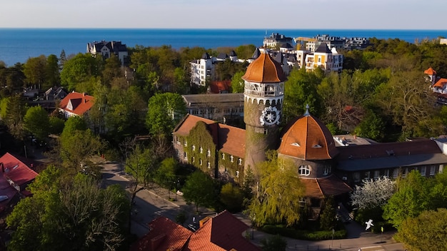 Svetlogorsk Russia May 1 2024 Water tower Rauschen top ariel view