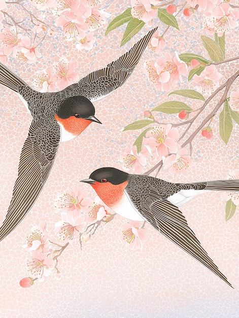 Photo swallows in flight amidst delicate cherry blossoms a japanese watercolor painting