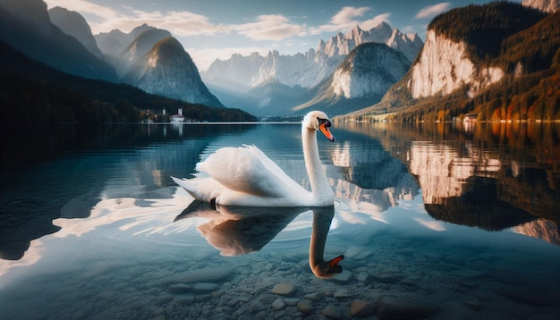 Photo swan on a calm lake a serene sunset